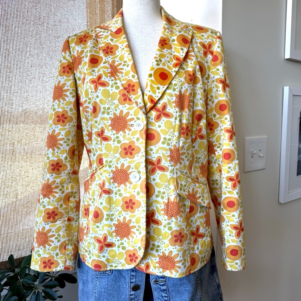 Vintage 70s Blazer Aqua Blue Floral Polka Dot‎ Print  Women's Size M Handmade